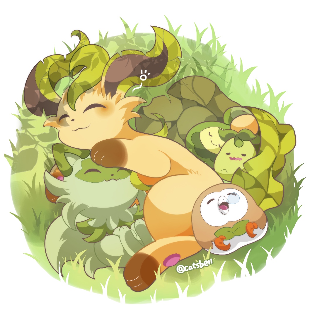 :&gt; :3 ^_^ animal_focus artist_name blush budew catsbell closed_eyes closed_mouth commentary_request day full_body grass green_theme happy leaf leafeon lying no_humans nose_bubble on_back on_ground on_side open_mouth outdoors pawpads pokemon pokemon_(creature) round_image rowlet signature sleeping smile smoliv sprigatito trait_connection twitter_username u_u wavy_mouth