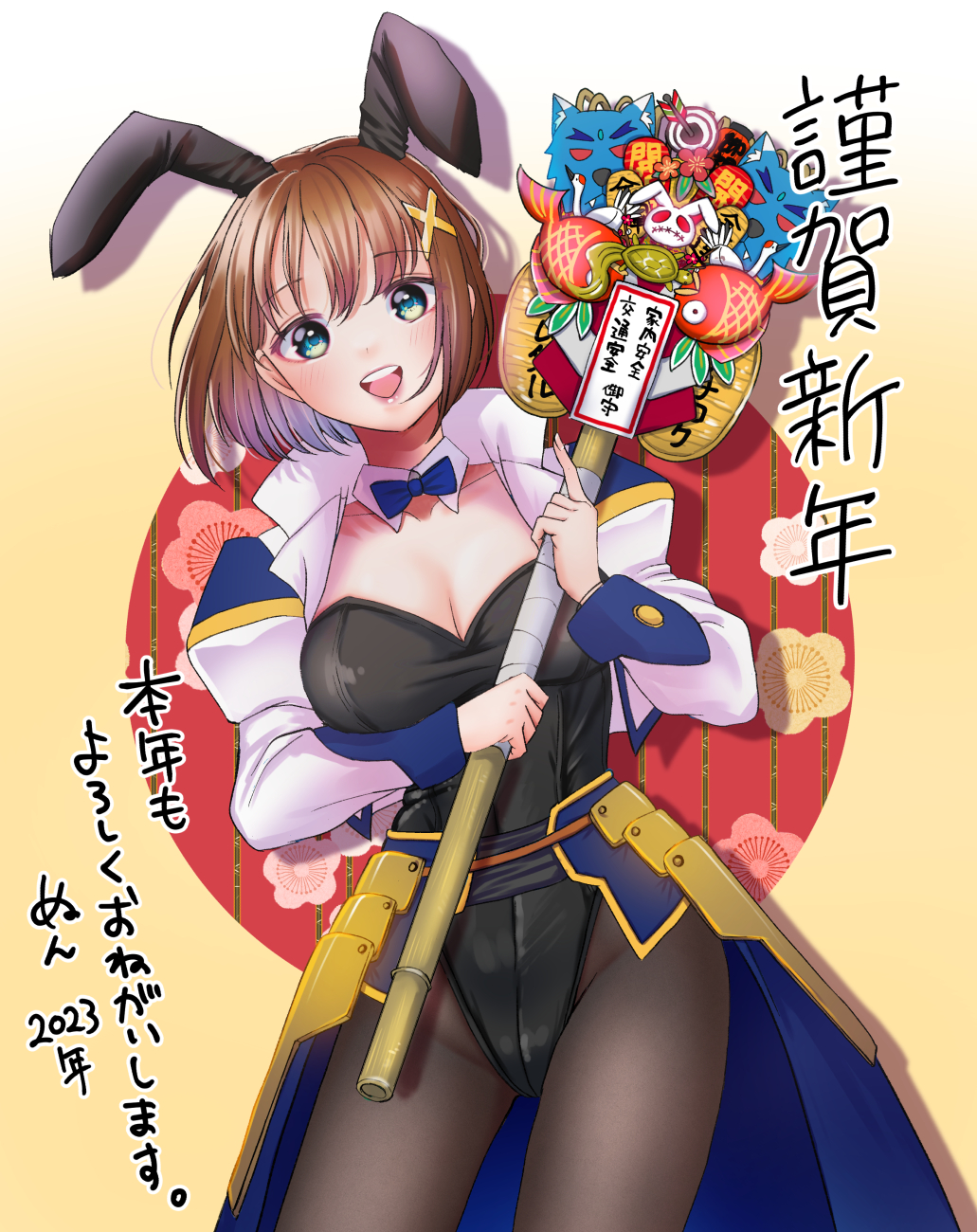 1girl 2023 animal_ears bangs black_leotard blue_bow blue_bowtie blue_eyes bow bowtie breasts brown_hair chinese_zodiac cleavage commentary_request cowboy_shot cropped_jacket detached_collar fake_animal_ears flag_background grey_pantyhose hair_ornament happy_new_year highres holding index_finger_raised jacket japanese_flag juliet_sleeves kotoyoro leaning_to_the_side leotard long_sleeves looking_at_viewer lyrical_nanoha medium_breasts new_year nun_(nun_lily) open_mouth pantyhose partial_commentary playboy_bunny puffy_sleeves rabbit_ears sakuramon short_hair smile solo standing translated waist_cape white_jacket wing_collar x_hair_ornament yagami_hayate year_of_the_rabbit