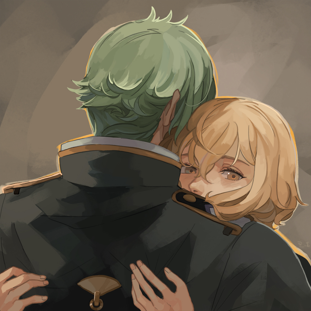 1boy 1girl bangs black_jacket blonde_hair blush chinese_commentary commentary_request dated_commentary epaulettes genderswap genderswap_(mtf) green_hair grey_background hair_between_eyes higekiri_(touken_ranbu) hizamaru_(touken_ranbu) hug jacket looking_at_viewer short_hair signature touken_ranbu upper_body yellow_eyes zi_tsas