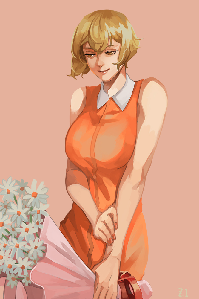 1girl alternate_costume bangs blonde_hair bouquet breasts closed_mouth collared_dress commentary_request cowboy_shot dated_commentary dress flower genderswap genderswap_(mtf) higekiri_(touken_ranbu) holding holding_bouquet large_breasts looking_down orange_dress orange_nails pink_background short_hair simple_background sleeveless sleeveless_dress smile solo touken_ranbu white_flower yellow_eyes zi_tsas