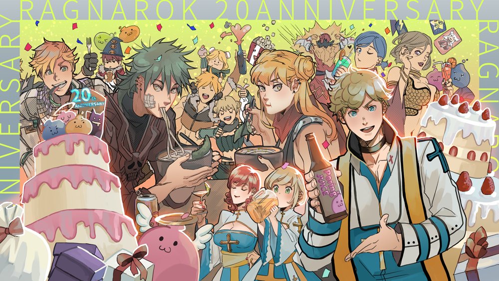 &gt;_&lt; 6+boys 6+girls :3 anniversary arch_bishop_(ragnarok_online) armor assassin_cross_(ragnarok_online) bandaid bandaid_on_cheek bandaid_on_face bangs beer_bottle beer_can beer_mug bikini black_shirt blonde_hair blue_coat blue_dress blue_eyes blue_hair blush bottle bowl breasts brown_hair brown_shirt can chainmail chinese_commentary choker chopsticks cleavage cleavage_cutout closed_eyes closed_mouth clothing_cutout coat cocktail_glass commentary_request copyright_name crop_top cropped_jacket cross cross_necklace cup dated_commentary double_bun dress drinking drinking_glass drunk earrings eating fingerless_gloves flat_chest flexing food fork fur-trimmed_gloves fur-trimmed_shirt fur_trim gloves green_eyes green_hair green_tube_top grin guillotine_cross_(ragnarok_online) gypsy_(ragnarok_online) hair_between_eyes hair_bun hat high_wizard_(ragnarok_online) holding holding_bowl holding_chopsticks holding_fork holding_microphone jacket jewelry knight_(ragnarok_online) large_breasts long_hair long_sleeves looking_at_viewer martini medium_hair metaling microphone midriff mug multiple_boys multiple_girls navel necklace noodles open_mouth pants pelvic_curtain popcorn rabbit ragnarok_online ramen ranger_(ragnarok_online) red_coat red_hair red_scarf sash scarf shirt short_hair shorts sleeveless sleeveless_dress sleeveless_shirt small_breasts smile sniper_(ragnarok_online) sorcerer_(ragnarok_online) strapless strapless_bikini stud_earrings swimsuit tube_top two-tone_dress two-tone_shirt upper_body white_dress white_jacket wine_bottle wine_glass witch_hat yellow_bikini yellow_eyes yellow_gloves yellow_sash yellow_shirt zi_tsas