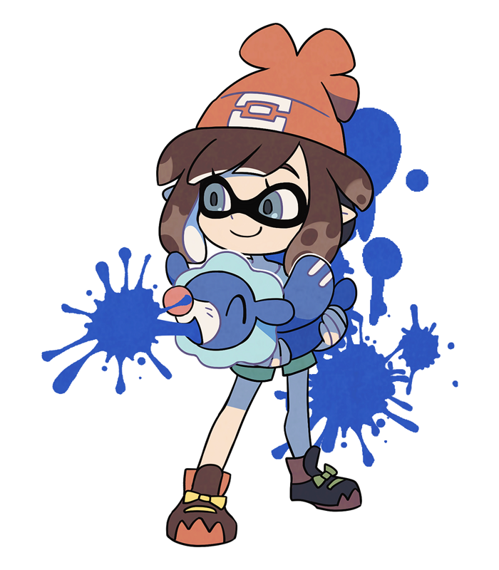 1girl ^_^ alternate_species bangs beanie boots brown_footwear brown_hair closed_eyes closed_mouth commentary eyelashes footwear_ribbon green_shorts grey_eyes hat holding holding_pokemon medium_hair orange_headwear paint_splatter pointy_ears pokemon pokemon_(creature) pokemon_(game) pokemon_sm popplio ribbon selene_(pokemon) shirt shorts simple_background smile splatoon_(series) ssalbulre standing white_background yellow_ribbon