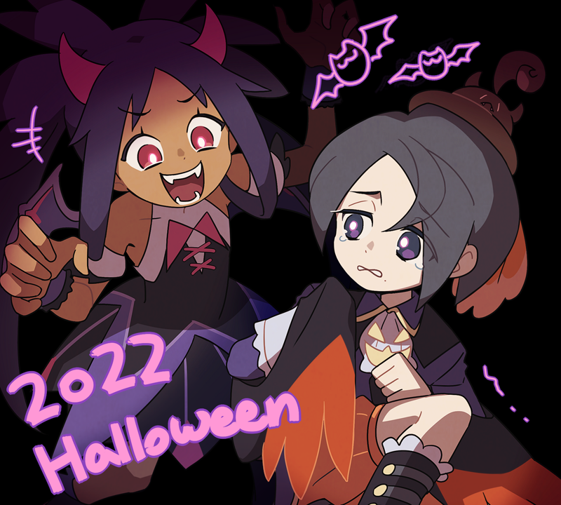 +++ 1boy 1girl 2022 allister_(fall_2022)_(pokemon) allister_(pokemon) armlet bangs bare_shoulders black_dress black_hair bright_pupils claw_pose commentary dark-skinned_female dark_skin dress fake_horns halloween horns iris_(fall_2022)_(pokemon) iris_(pokemon) long_hair official_alternate_costume open_mouth orange_shorts parted_lips pokemon pokemon_(game) pokemon_masters_ex pokemon_wings purple_hair red_eyes scared short_hair shorts ssalbulre tearing_up teeth tongue white_pupils wrist_cuffs