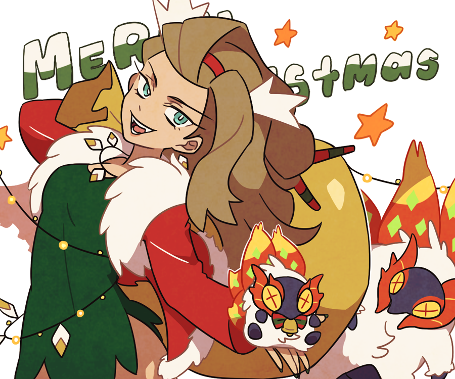 1girl :d alternate_costume bright_pupils brown_hair character_doll christmas christmas_lights commentary doll dress eyelashes fur-trimmed_jacket fur_trim green_dress green_eyes hairband holding holding_doll holding_sack jacket long_hair long_sleeves looking_at_viewer merry_christmas open_mouth pokemon pokemon_(game) pokemon_sv red_hairband red_jacket sack sada_(pokemon) slither_wing smile ssalbulre star_(symbol) teeth tongue white_background white_pupils