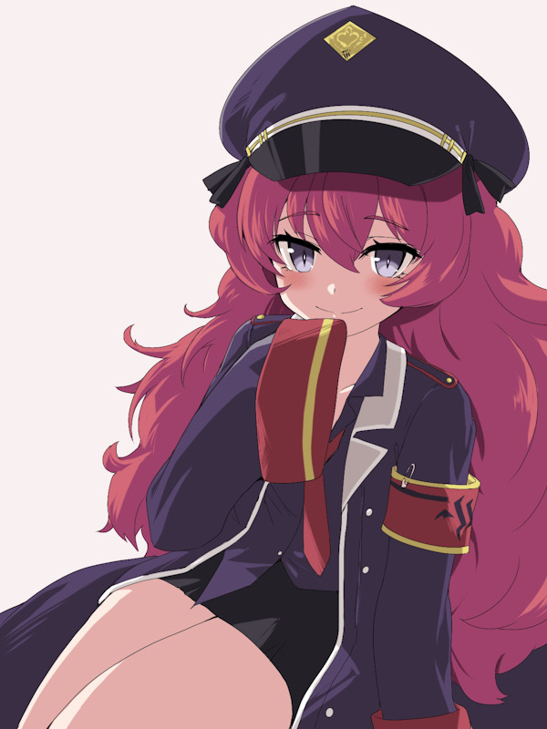 1girl armband bangs black_skirt blue_archive blush breasts edobox grey_eyes grey_shirt hat iroha_(blue_archive) jacket long_hair looking_at_viewer messy_hair military military_hat military_uniform necktie open_clothes open_jacket peaked_cap red_hair red_necktie shirt simple_background skirt small_breasts smile solo standing uniform white_background
