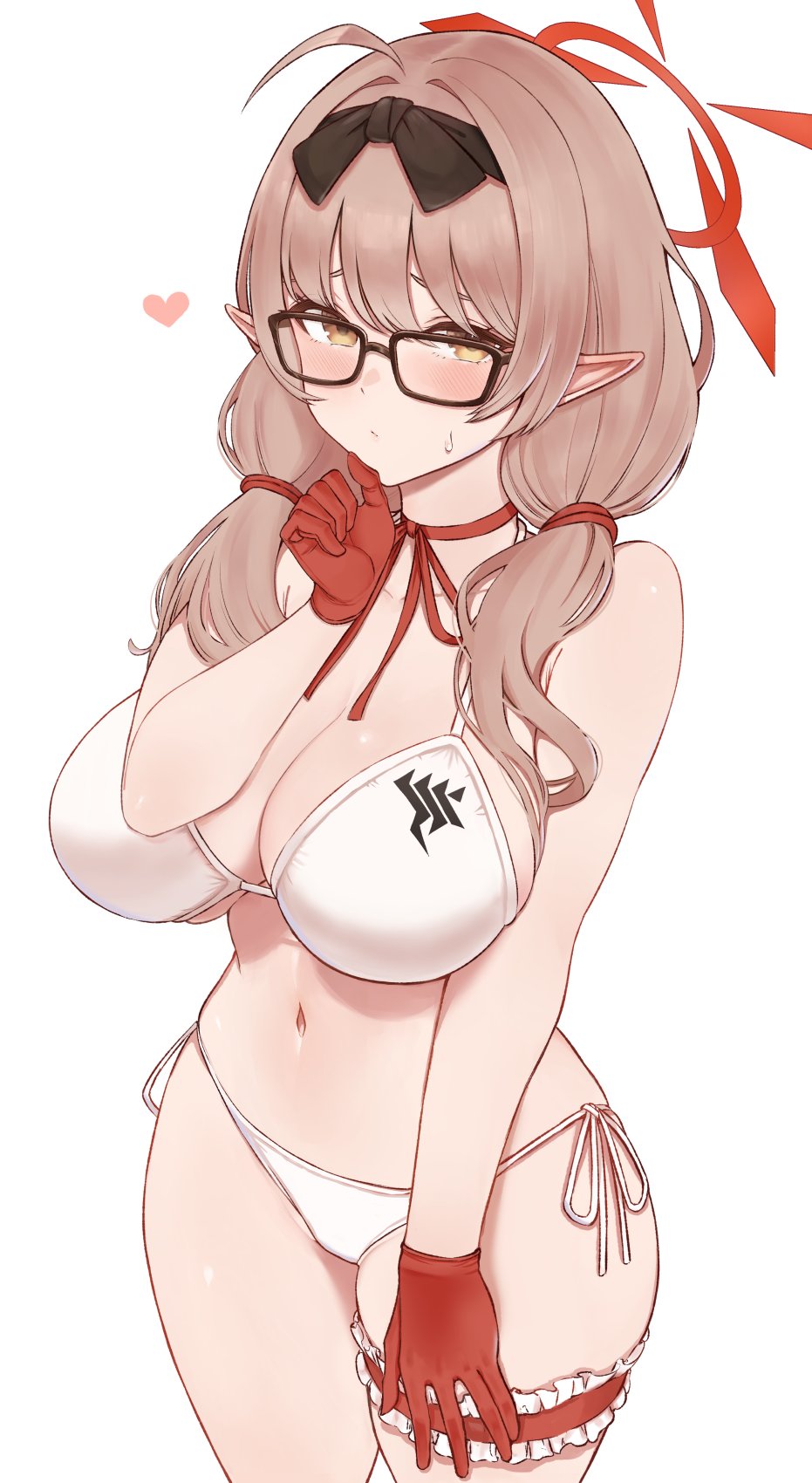1girl bangs bare_shoulders bikini black-framed_eyewear blue_archive blush bra breasts brown_eyes brown_hair chinatsu_(blue_archive) choker cleavage closed_mouth collarbone elf glasses gloves hair_ribbon hairband halo heart highres large_breasts light_brown_hair long_hair looking_at_viewer low_twintails navel pointy_ears red_gloves red_ribbon ribbon simple_background solo string_bikini sukeroku_(treeee) swimsuit thigh_strap twintails underwear white_background white_bikini white_bra