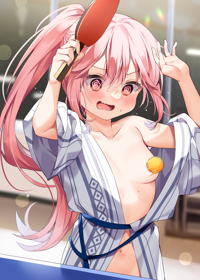 1girl ball bangs bath_yukata blurry blurry_background blush breasts chihiro_(khorosho) convenient_censoring dot_nose hands_up holding holding_paddle japanese_clothes kimono long_hair navel open_mouth original paddle pink_hair ponytail red_eyes sash small_breasts surprised sweat table_tennis table_tennis_ball table_tennis_paddle untied yukata
