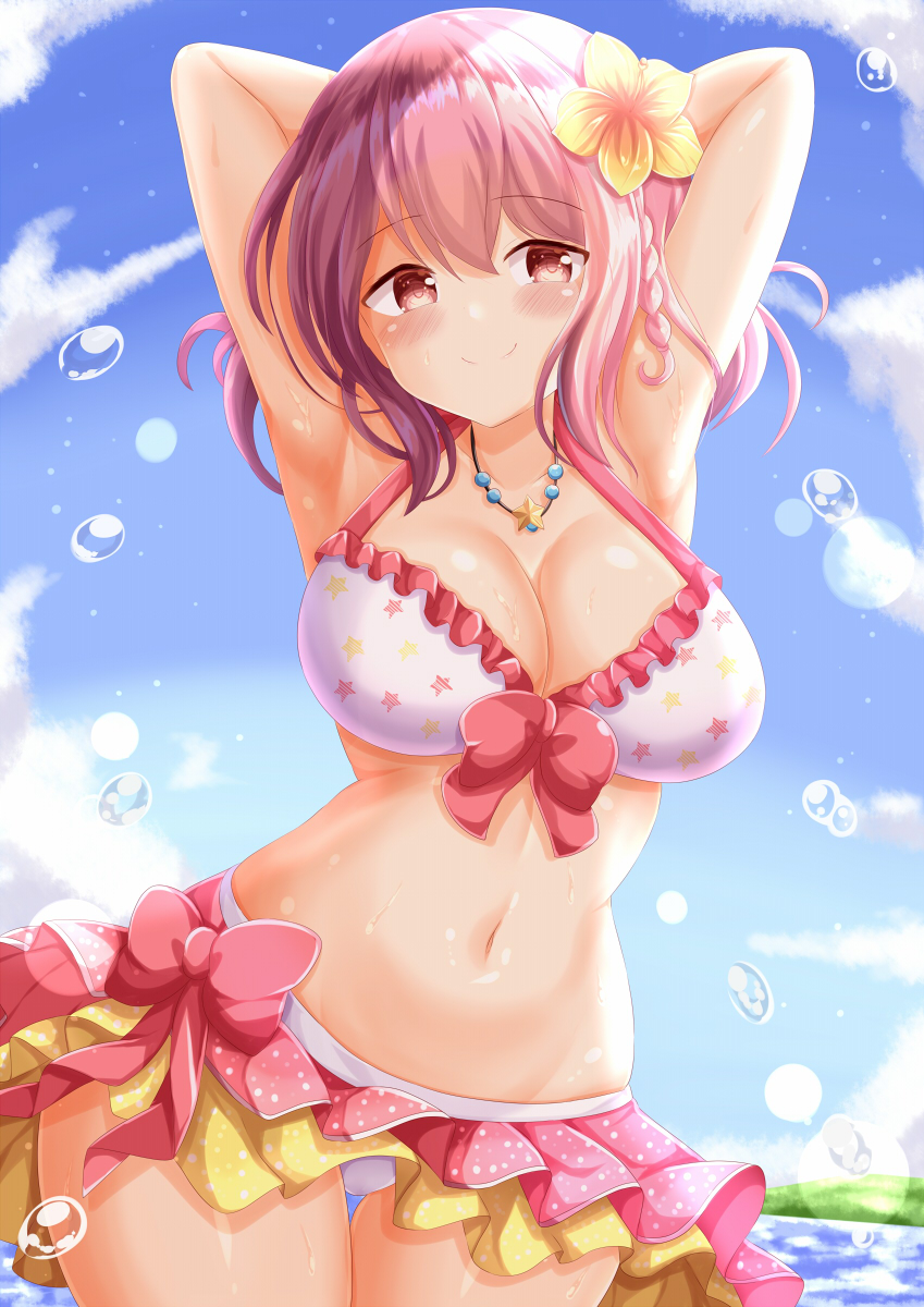 1girl armpits arms_behind_head arms_up bangs bikini bikini_skirt blue_sky blush bow bow_bikini braid breasts cleavage closed_mouth cloud collarbone commentary_request day flower frilled_bikini frills hair_between_eyes hair_flower hair_ornament highres hoshizaki_akari large_breasts long_hair ongeki outdoors pink_hair red_bow red_eyes sky smile solo swimsuit water water_drop white_bikini yellow_flower zenon_(for_achieve)