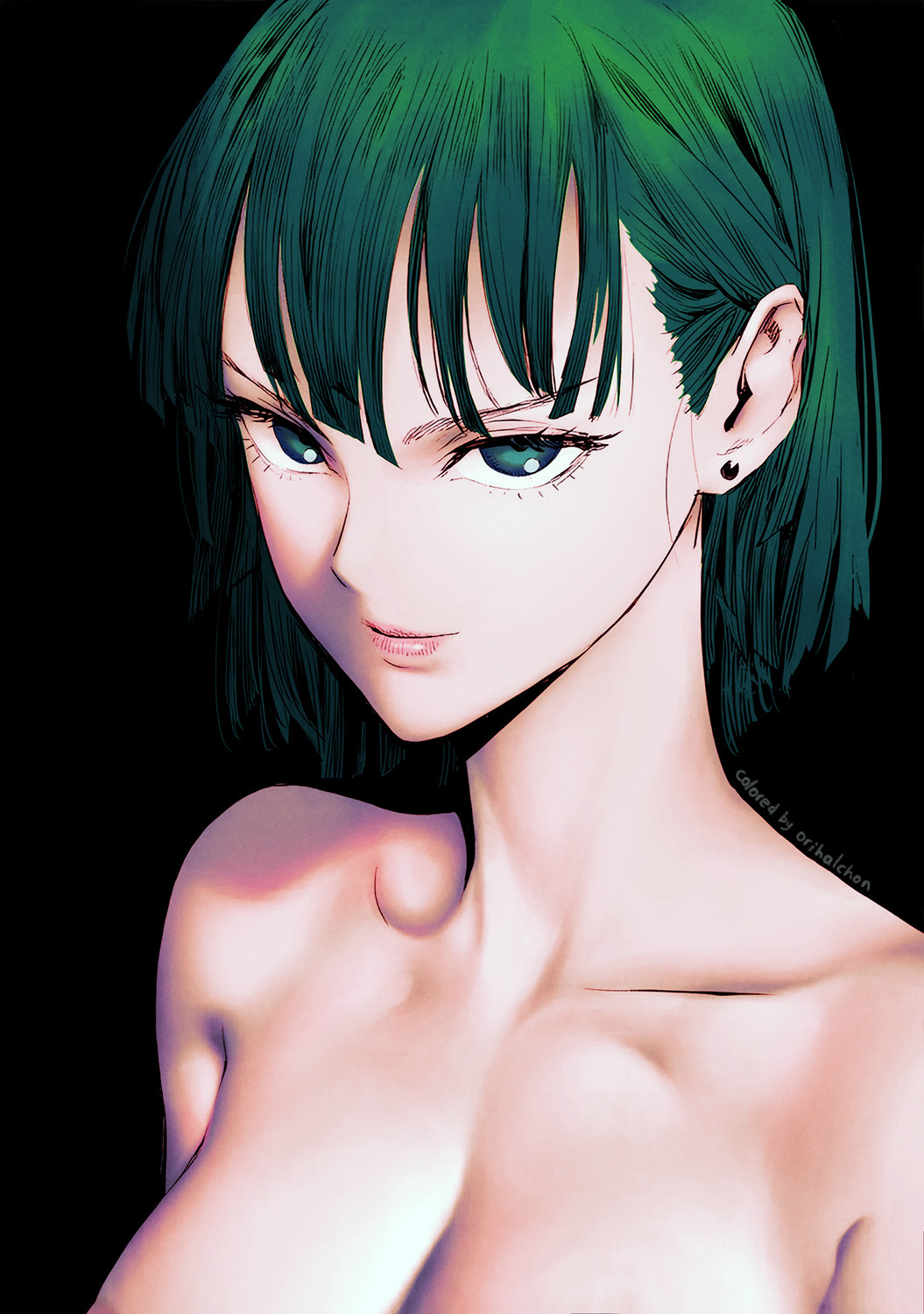 1girl black_background colorized cover cover_page earrings fubuki_(one-punch_man) green_eyes green_hair highres jewelry looking_at_viewer manga_cover murata_yuusuke nipple_slip nipples nude official_art one-punch_man orihalchon portrait short_hair simple_background solo