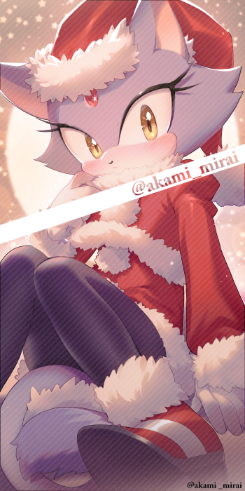 1girl animal_ears animal_nose artist_name black_pantyhose blaze_the_cat blush cat_ears cat_girl cat_tail closed_mouth commentary_request eyelashes forehead_jewel full_moon fur-trimmed_headwear fur-trimmed_sleeves fur_trim furry furry_female gem gloves gradient_background grey_background hand_up hat high_heels iiimirai juliet_sleeves long_sleeves looking_at_viewer moon pantyhose pink_background pink_gemstone pom_pom_(clothes) puffy_long_sleeves puffy_sleeves purple_fur red_footwear red_headwear red_shirt santa_costume santa_hat shirt shoes sitting snowing solo sonic_(series) sparkle star_(symbol) starry_background tail white_gloves yellow_eyes