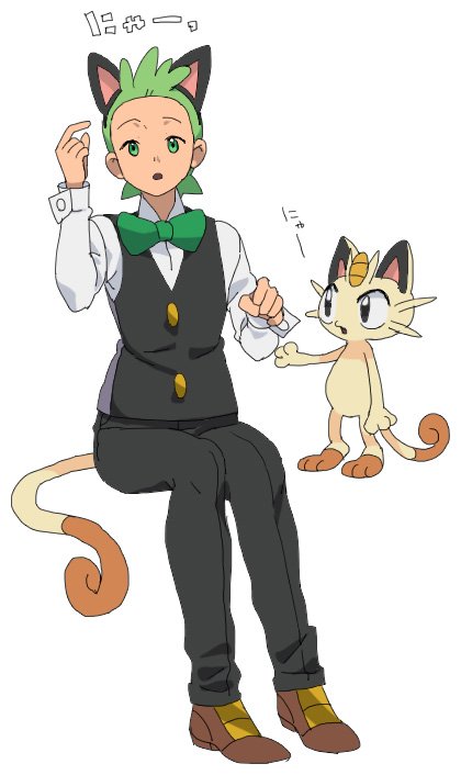 1boy black_pants black_vest bow bowtie brown_footwear buttons cilan_(pokemon) commentary_request green_bow green_bowtie green_eyes green_hair hand_up invisible_chair long_sleeves male_focus meowth miyawaki no_sclera open_mouth pants pokemon pokemon_(anime) pokemon_(creature) pokemon_bw_(anime) pokemon_ears pokemon_tail shirt shoes short_hair sitting tail vest white_shirt