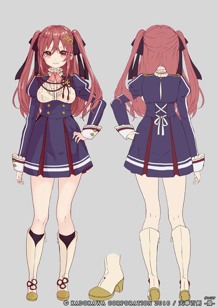 aiguillette bangs boots bow facing_viewer from_behind hair_bow hair_ornament hand_on_hip high_heel_boots high_heels jouizumi_masamune knee_boots kneehighs lace-up_top long_hair long_sleeves official_art pisuke puffy_long_sleeves puffy_sleeves red_eyes red_hair reference_sheet school_uniform smile socks tenka_hyakken twintails