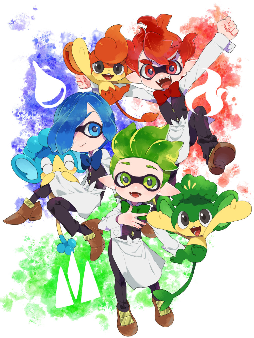 3boys :d apron black_pants black_vest blue_bow blue_bowtie blue_hair bow bowtie brothers brown_footwear buttons chili_(pokemon) cilan_(pokemon) closed_mouth commentary_request cress_(pokemon) green_bow green_bowtie green_hair highres long_sleeves male_focus miyawaki multiple_boys open_mouth panpour pansage pansear pants pointy_ears pokemon pokemon_(creature) pokemon_(game) pokemon_bw red_bow red_bowtie red_hair shirt shoes siblings smile splatoon_(series) teeth tongue vest waist_apron white_apron white_shirt