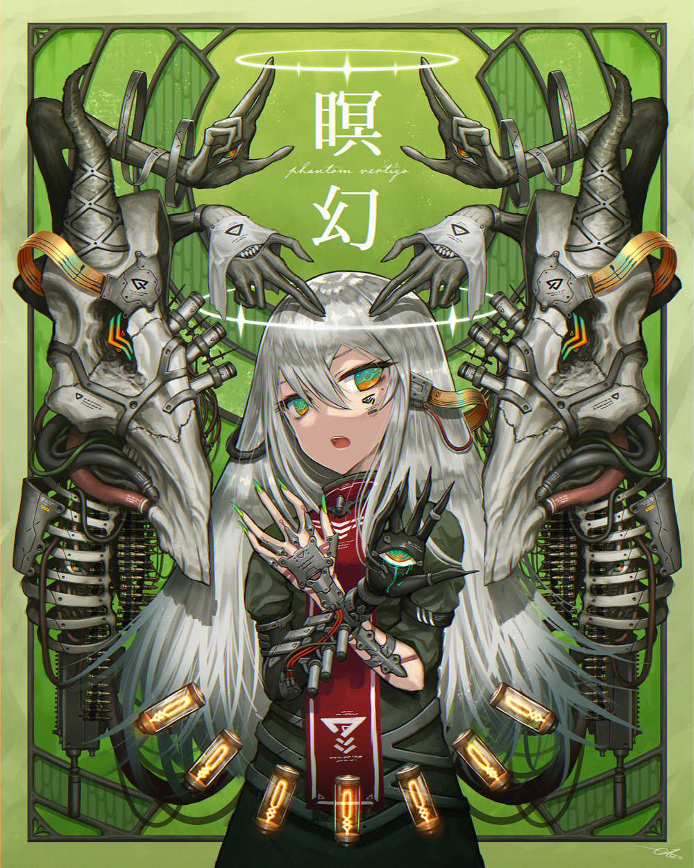 1girl ammunition_belt barcode barcode_tattoo cable commentary_request crossed_arms cyborg extra_arms extra_eyes facial_mark fingernails gia green_background green_eyes grey_hair hair_between_eyes highres long_fingernails long_hair looking_at_viewer multicolored_eyes nail_polish open_mouth orange_eyes original prosthesis prosthetic_arm science_fiction sharp_fingernails skull solo symbol-shaped_pupils tattoo teeth upper_teeth_only