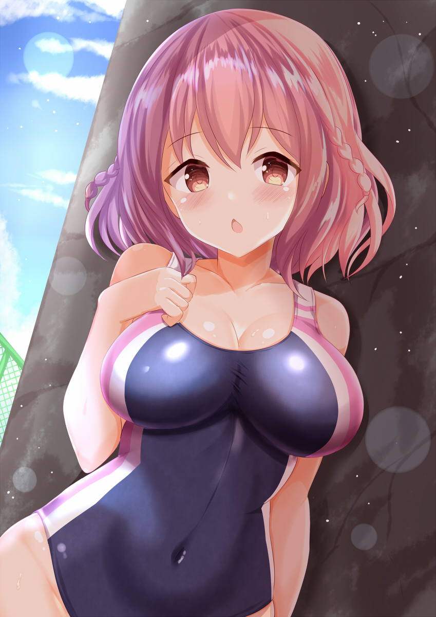 1girl bangs bare_arms bare_shoulders blue_one-piece_swimsuit blue_sky braid breasts brown_eyes chain-link_fence chestnut_mouth cleavage cloud collarbone commentary_request covered_navel day fence hair_between_eyes hand_up highres hoshizaki_akari large_breasts looking_at_viewer one-piece_swimsuit ongeki outdoors parted_lips pink_hair sky solo swimsuit twin_braids zenon_(for_achieve)