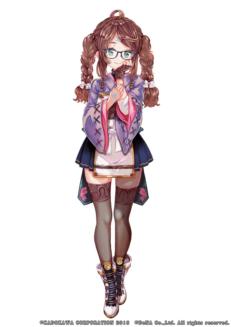 1girl amame_mikage blue_skirt boots bow braid brown_hair cross-laced_footwear dress fingerless_gloves glasses gloves green_eyes hair_bow hair_ornament hand_on_own_arm hand_on_own_chin hand_up highres japanese_clothes lace-up_boots official_art pisuke purple_dress skirt smile tenka_hyakken thighhighs twin_braids twintails wide_sleeves x_hair_ornament