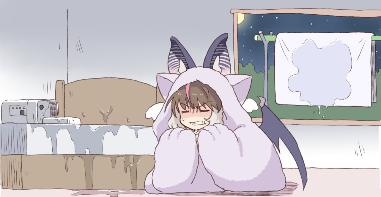1girl accident animal_ears bat_ears bat_girl bat_wings bed blanket brown_hair brown_long-eared_bat_(kemono_friends) check_commentary closed_eyes closed_mouth commentary_request extra_ears grey_hair humidifier indoors kemono_friends kemono_friends_v_project moon multicolored_hair night sakuragi_rian solo spill stained_sheets turn_pale two-tone_hair virtual_youtuber wings
