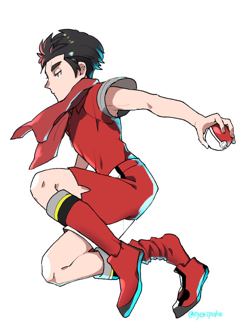 1boy aged_down black_hair closed_mouth commentary_request from_side full_body holding holding_poke_ball kabu_(pokemon) kneehighs male_focus nyoripoke poke_ball poke_ball_(basic) pokemon pokemon_(game) pokemon_swsh red_footwear red_shirt red_shorts red_socks shirt shoes short_hair short_sleeves shorts side_slit side_slit_shorts simple_background socks solo towel towel_around_neck white_background