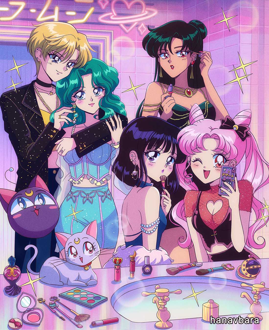 5girls :d ;d alternate_costume animal aqua_hair arm_around_shoulder artist_name bangs bare_shoulders bishoujo_senshi_sailor_moon black_choker black_hair black_jacket black_nails blonde_hair blue_dress blue_eyes blue_nails blue_shorts blunt_ends blush blush_stickers bracelet breasts bustier cat cellphone chibi_usa choker cleavage cleavage_cutout closed_mouth clothing_cutout commentary cone_hair_bun crescent crescent_facial_mark crop_top dark-skinned_female dark_skin denim diana_(sailor_moon) double_bun dress earrings english_commentary facial_mark forehead_mark green_dress green_hair hair_bun hanavbara heart heart_cutout highres holding holding_phone indoors jacket jeans jewelry kaiou_michiru lipstick long_hair looking_at_another looking_at_viewer luna-p makeup makeup_brush meiou_setsuna multiple_girls nail_polish one_eye_closed open_mouth pants parted_bangs pearl_bracelet phone pink_hair pink_lips planet_earrings purple_eyes purple_lips red_eyes red_lips red_nails retro_artstyle see-through shirt short_hair short_twintails shorts sink small_breasts smile sparkle standing swept_bangs ten'ou_haruka tile_wall tiles tomoe_hotaru twintails very_long_hair very_short_hair wavy_hair yellow_shirt
