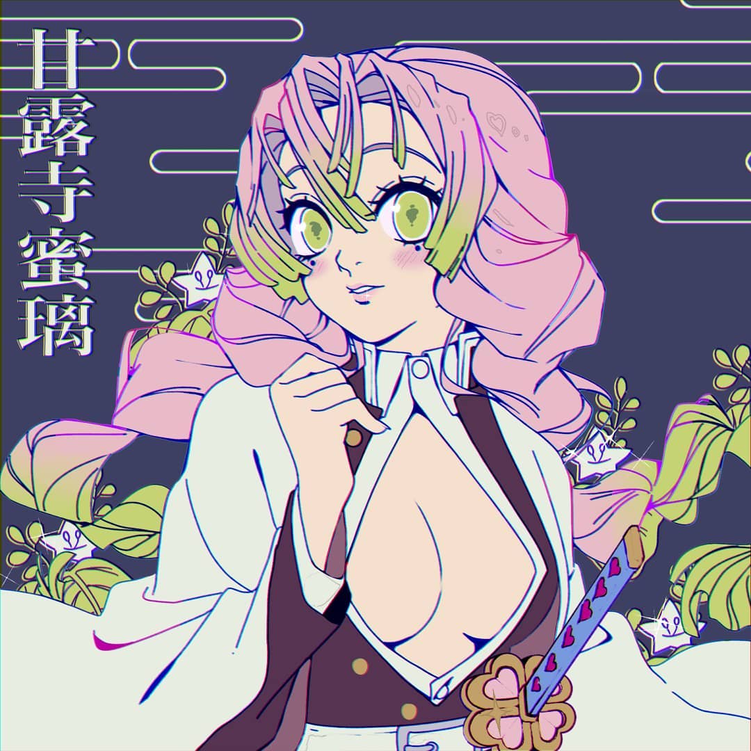 1girl alderion-al breasts cleavage cleavage_cutout clothing_cutout commentary_request demon_slayer_uniform gradient_hair green_eyes green_hair haori japanese_clothes kanroji_mitsuri kimetsu_no_yaiba large_breasts mole mole_under_eye multicolored_hair parted_lips partially_unbuttoned pink_hair pink_lips solo spanish_commentary sword upper_body weapon