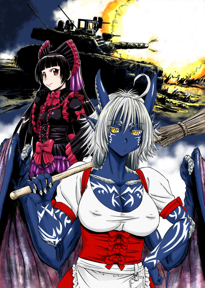 2girls ahoge apron black_hair blue_skin bow breasts broom colored_skin commentary_request covered_nipples dragon_girl dragon_horns dragon_tail dragon_wings firing gate_-_jieitai_ka_no_chi_nite_kaku_tatakaeri giselle_(gate) gothic_lolita ground_vehicle horns large_breasts lolita_fashion long_hair military military_vehicle motor_vehicle multiple_girls red_eyes ribbon rory_mercury sao_satoru short_hair tail tank tattoo white_hair wings yellow_eyes