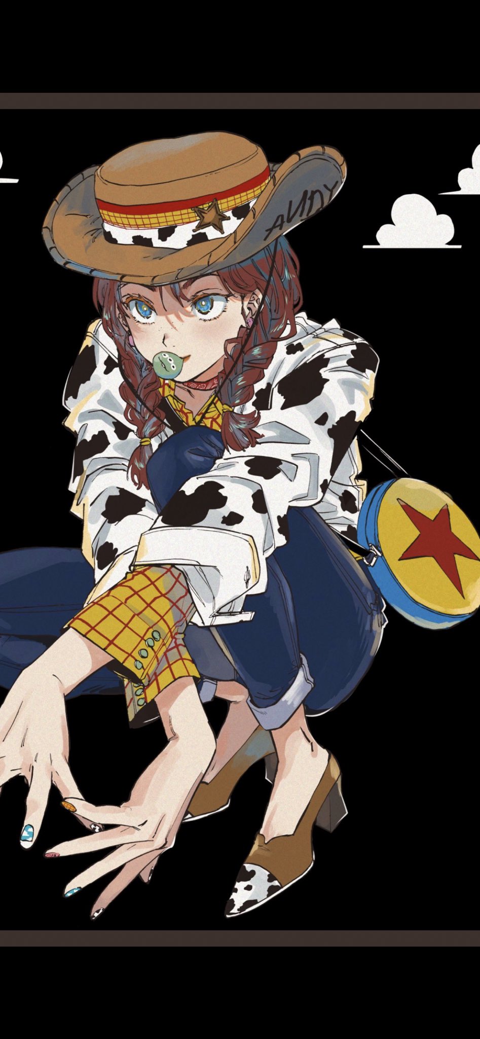 1girl alien_(toy_story) animal_print bag black_background blue_eyes blue_nails blue_pants braid brown_footwear brown_hair closed_mouth cosplay cow_girl cow_print cowboy_hat earrings full_body hat high_heels highres ichinose_shiki idolmaster idolmaster_cinderella_girls jessie_the_yodeling_cowgirl jessie_the_yodeling_cowgirl_(cosplay) jewelry lips long_sleeves multicolored_nails nail_polish pants plaid plaid_shirt shirt shoulder_bag solo squatting toy_story twin_braids yellow_nails yellow_shirt yozudami