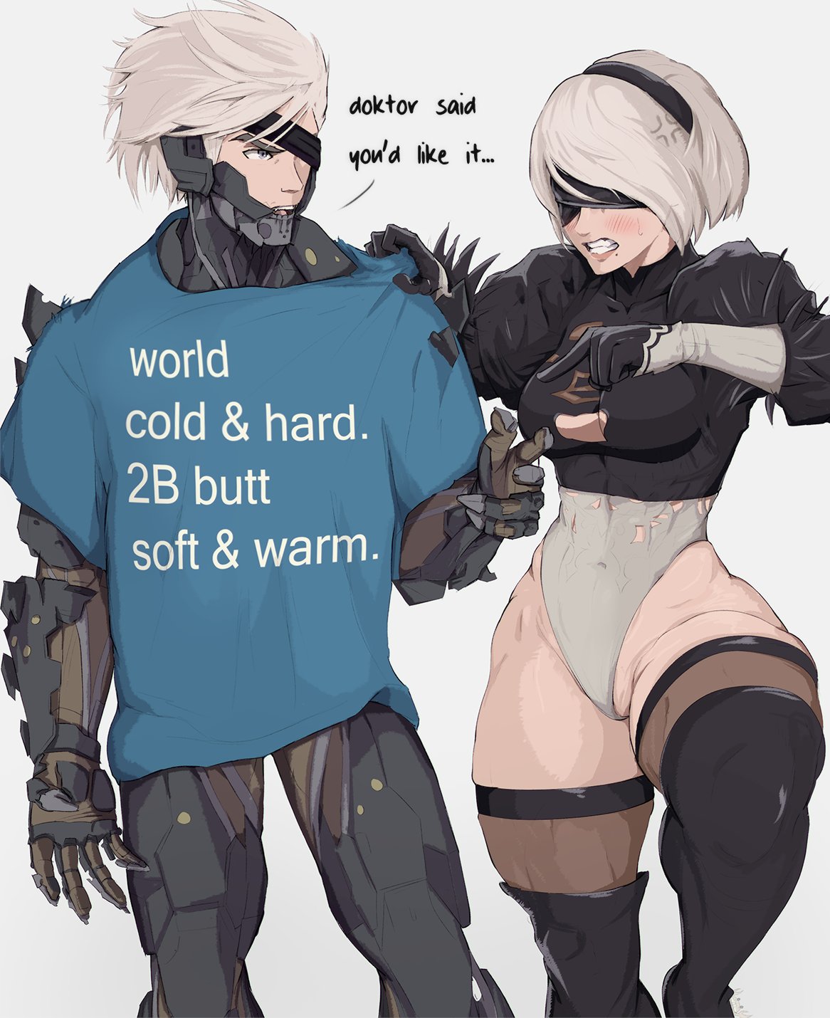 1boy 1girl anger_vein angry armor black_blindfold black_gloves black_hairband blindfold blue_shirt blush breasts cleavage cleavage_cutout clenched_teeth clothes_writing clothing_cutout crossover cyborg english_text gloves hairband highleg highleg_leotard highres juliet_sleeves leotard long_sleeves medium_breasts metal_gear_(series) metal_gear_rising:_revengeance mole mole_under_mouth nier_(series) nier_automata one_eye_covered open_mouth puffy_sleeves raiden_(metal_gear) science_fiction shirt short_hair standing sweatdrop teeth thick_thighs thighhighs thighs white_hair yoracrab yorha_no._2_type_b