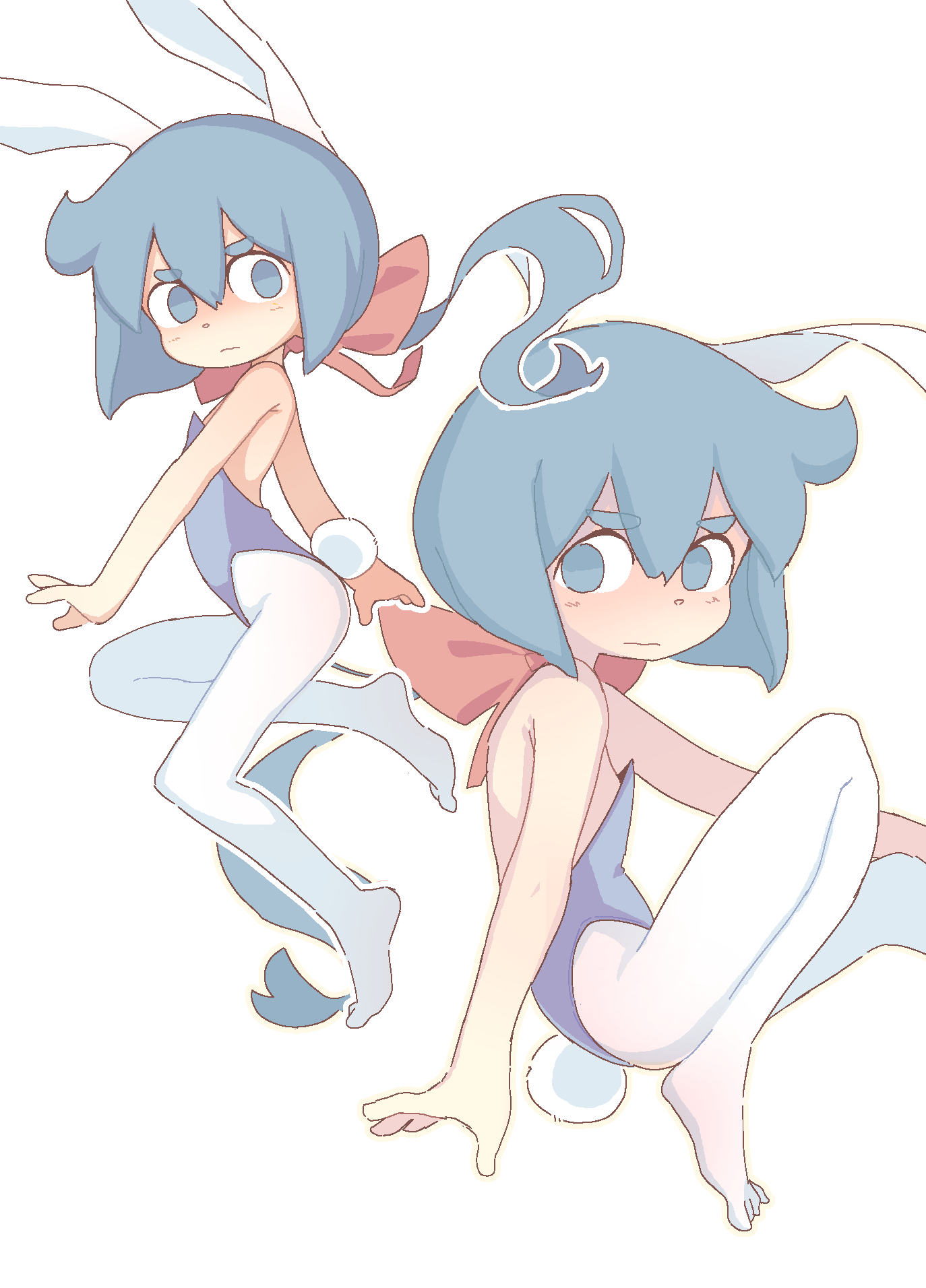 1girl animal_ears bangs bare_shoulders blue_eyes blue_hair blue_leotard bob_cut closed_mouth constanze_amalie_von_braunschbank-albrechtsberger cowlick dot_nose fake_animal_ears fake_tail flat_chest foot_out_of_frame from_side full_body hair_between_eyes hair_ribbon highres leotard light_blush little_witch_academia looking_at_viewer medium_hair multiple_views no_pupils orenji_(wholesomeorenji) outline outstretched_arm pantyhose playboy_bunny rabbit_ears rabbit_tail red_ribbon ribbon short_eyebrows simple_background straight_hair tail thick_eyebrows wavy_mouth white_background white_outline white_pantyhose