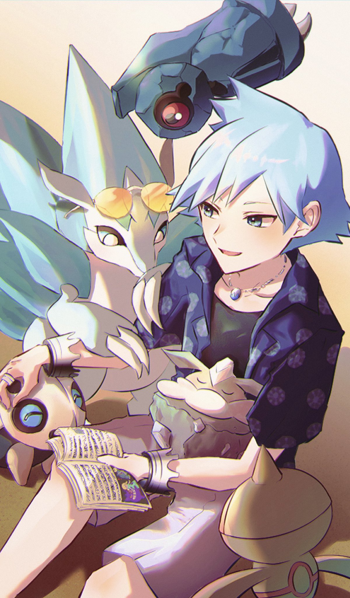 1boy alolan_sandslash anidf aron baltoy bangs beldum blue_hair book bracelet carbink collared_shirt commentary_request green_eyes highres holding holding_book jewelry male_focus necklace official_alternate_costume on_lap open_clothes open_mouth open_shirt pokemon pokemon_(creature) pokemon_(game) pokemon_masters_ex pokemon_on_lap ring shirt short_hair shorts sitting smile steven_stone steven_stone_(summer_2020) undershirt