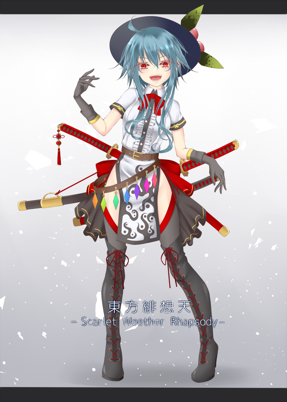 1girl bangs black_gloves blue_hair boots commentary_request copyright_name cross-laced_footwear dai_zu_san food fruit full_body gloves gold_trim hat highres hinanawi_tenshi katana leaf looking_at_viewer no_panties open_mouth peach red_eyes scarlet_weather_rhapsody sheath sheathed shirt short_hair short_hair_with_long_locks short_sleeves smile solo standing sword teeth tenco's_story thigh_boots touhou upper_teeth_only weapon white_shirt wide_brim