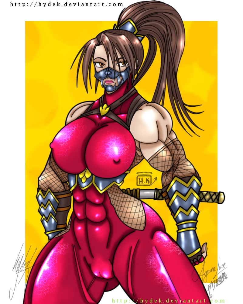 abs breasts brown_eyes cameltoe cleavage erect_nipples gauntlets hydek large_breasts mask muscle ninja see-through skin_tight solo soul_calibur sword taki weapon