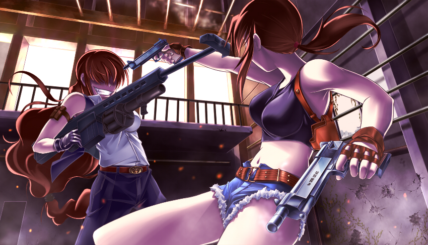 beretta_92 black_lagoon crazy_grin dual_wielding error fingerless_gloves gloves grin gun handgun holding holster ichiha_(picnico) long_hair mexican_standoff midriff multiple_girls pistol revy_(black_lagoon) roberta_(black_lagoon) shorts shoulder_holster smile tank_top weapon