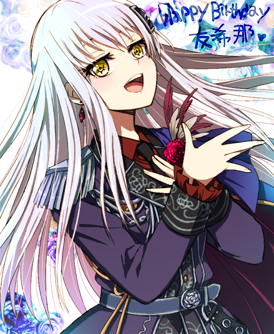 1girl :d akasata bang_dream! bangs belt black_neckwear blue_flower blue_rose character_name corsage earrings epaulettes floral_background flower frilled_sleeves frills hair_ornament hand_on_own_chest hand_up happy_birthday jewelry long_hair long_sleeves looking_at_viewer minato_yukina navy_blue_dress necktie open_mouth purple_feathers red_flower red_rose rose smile solo white_hair yellow_eyes