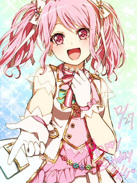 1girl :d akasata bang_dream! bangs blush dated dress earrings flower flower_earrings frills gloves hair_ribbon hand_on_own_chest jewelry maruyama_aya neck_ribbon open_mouth outstretched_hand overskirt pink_dress pink_eyes pink_hair pink_neckwear pointing ribbon see-through_sleeves short_sleeves sidelocks smile solo sparkle_background striped striped_neckwear twintails vest white_gloves white_ribbon