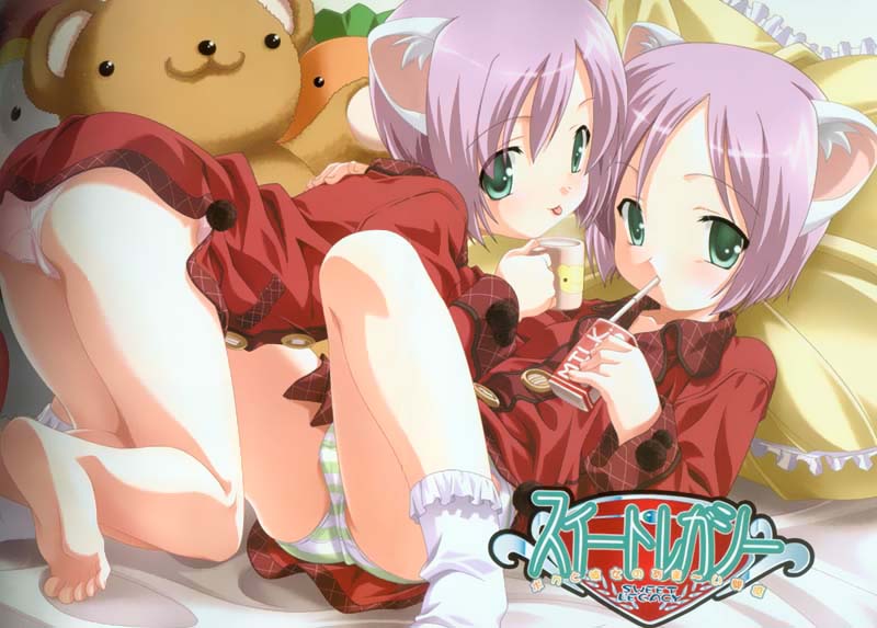 :p animal_ears ass barefoot bed bent_over blush bobby_socks child cup drinking drinking_straw feet green_eyes hug jpeg_artifacts juice_box kuuchuu_yousai looking_back lying milk mug multiple_girls no_pants non-web_source on_back pajamas panties pillow pink_panties plaid purple_hair sakura_mitsuki sakura_mutsuki short_hair siblings sipping sisters socks soles spread_legs striped striped_panties stuffed_animal stuffed_toy sweet_legacy teddy_bear tongue tongue_out twins underwear