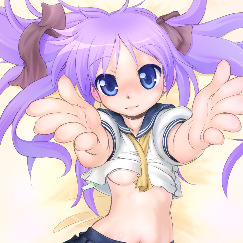 between_breasts blue_eyes breasts collarbone foreshortening from_above hair_ribbon hands hiiragi_kagami incoming_hug lips long_hair looking_at_viewer lucky_star midriff navel no_bra outstretched_arms outstretched_hand pleated_skirt purple_hair reaching ribbon ryouou_school_uniform school_uniform serafuku shirt_lift skirt small_breasts smile solo takeda_yukimura tsurime twintails underboob yellow_neckwear