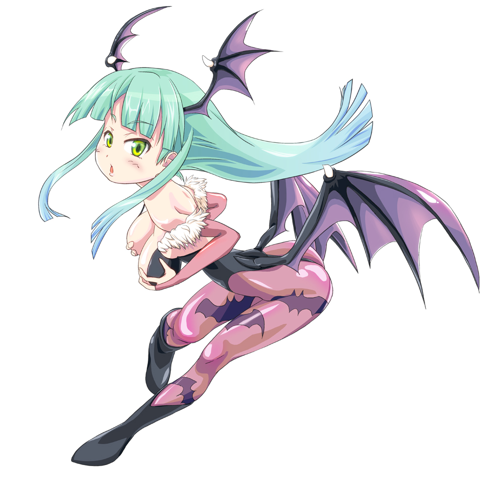 animal_print aqua_hair ass bad_id bad_pixiv_id bat_print bat_wings bent_over blush boots breasts cleavage covering covering_breasts demon_girl elbow_gloves feathers fingerless_gloves full_body gloves head_wings large_breasts leotard long_hair morrigan_aensland multicolored multicolored_eyes ooyayone panties pantyhose print_legwear purple_wings simple_background solo succubus thong underwear vampire_(game) wings