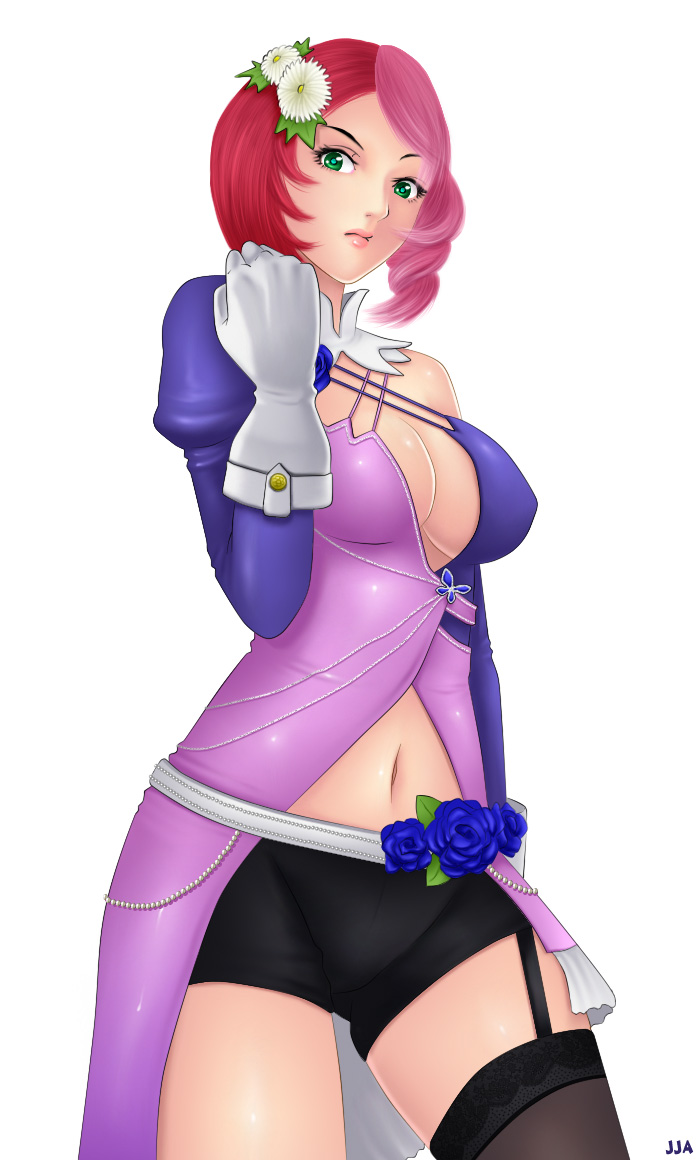 alisa_boskonovich android black_legwear blue_flower blue_rose breasts cleavage clenched_hand elbow_gloves flower garter_straps gloves green_eyes hair_flower hair_ornament khalitzburg medium_breasts multicolored_hair pink_hair red_hair robot rose short_hair short_shorts shorts single_thighhigh skirt smile solo tekken tekken_6 thigh_strap thighhighs two-tone_hair