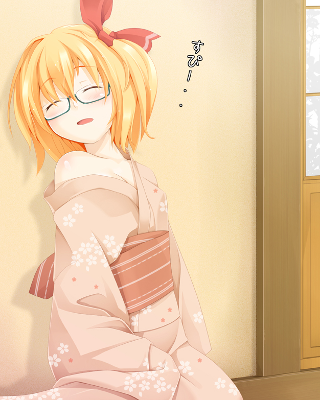 against_wall alternate_costume ascot bespectacled blonde_hair glasses green-framed_eyewear japanese_clothes kimono off_shoulder ogami_kazuki rumia semi-rimless_eyewear short_hair sleeping sleeping_upright solo touhou under-rim_eyewear