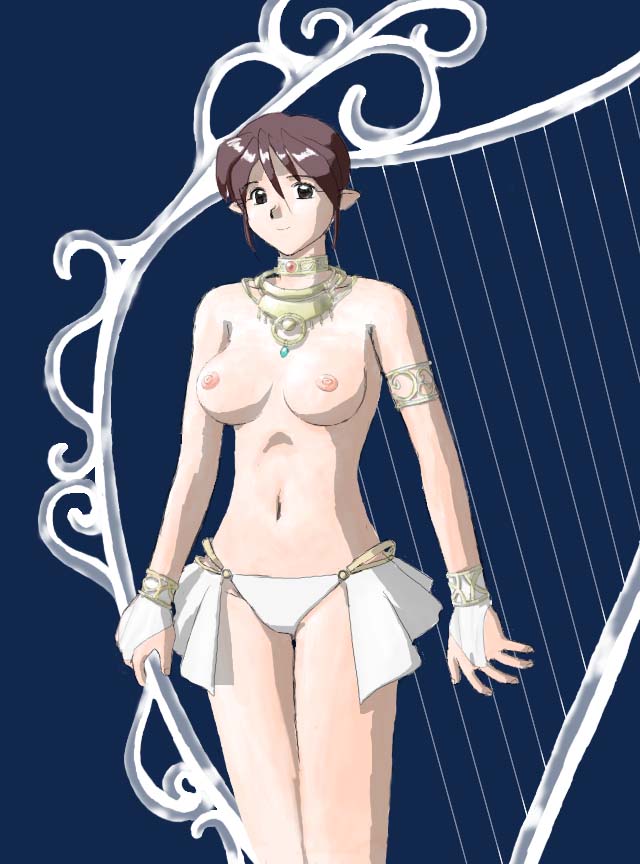 breasts harp instrument jiji large_breasts nipples original pointy_ears short_hair simple_background solo topless