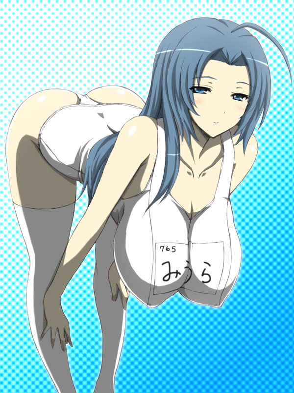 ahoge ass bent_over blue_eyes blue_hair blush breasts cleavage collarbone covered_nipples hanging_breasts huge_breasts idolmaster idolmaster_(classic) long_hair miura_azusa one-piece_swimsuit school_swimsuit solo swimsuit thighhighs wakame white_school_swimsuit white_swimsuit