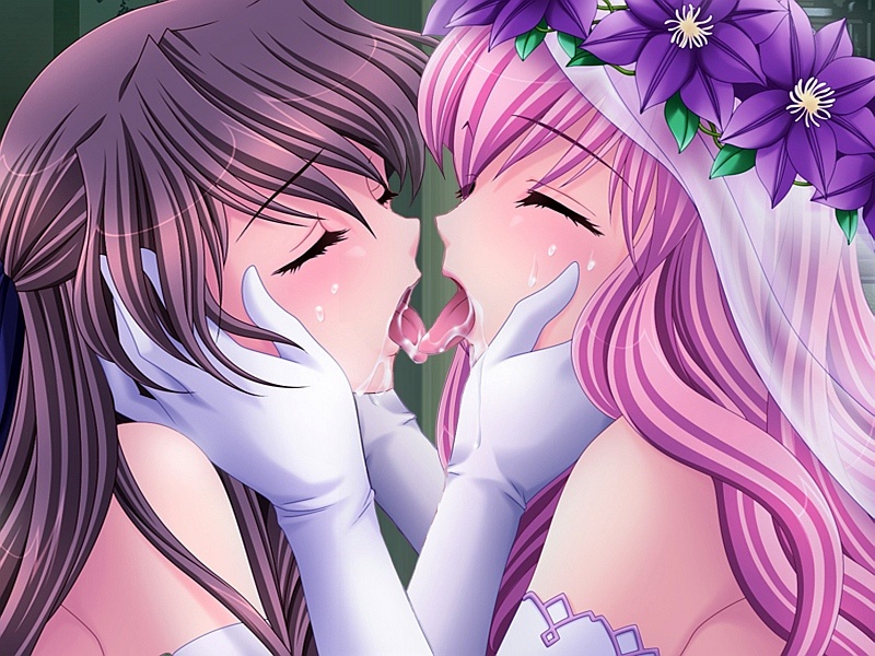 2girls blush dress elbow_gloves eyes_closed french_kiss gloves hand_on_another's_face hand_on_face hands_on_another's_face hands_on_face kiss kissing long_hair multiple_girls pink_hair saliva tongue tongue_kiss veil wedding_dress yuri
