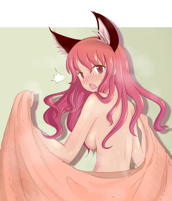 alternate_hairstyle animal_ears bad_id bad_pixiv_id blush breasts cat_ears coconoco hair_down kaenbyou_rin large_breasts long_hair looking_back nude red_eyes red_hair solo touhou towel