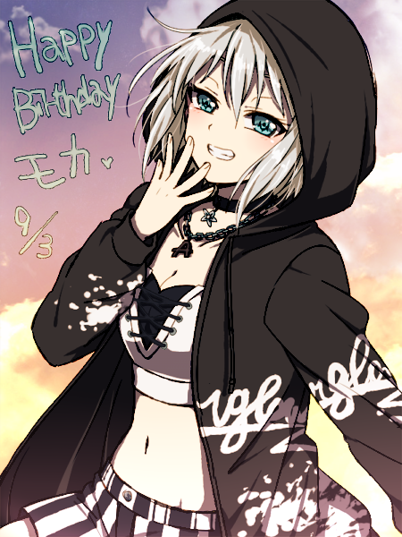 1girl akasata aoba_moka aqua_eyes bang_dream! black_choker black_jacket breasts chain_necklace character_name choker cleavage clothes_writing crop_top cross-laced_clothes dated grey_hair grin hand_to_own_mouth happy_birthday hood hood_up hooded_jacket jacket jewelry long_sleeves midriff navel paint_stains pendant short_hair shorts smile solo striped sunset vertical-striped_shorts vertical_stripes