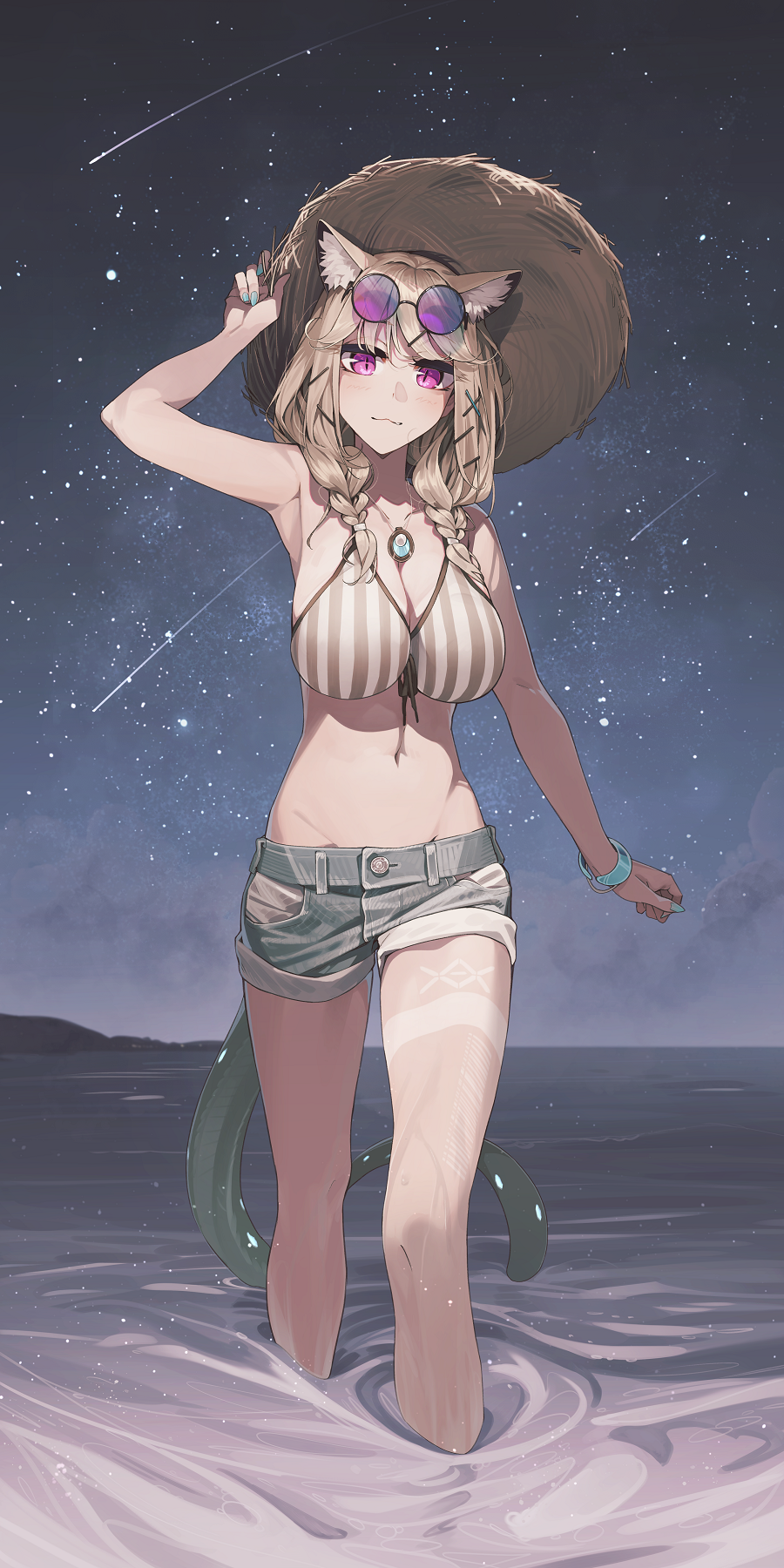 1girl :3 animal_ears arknights barcode barcode_tattoo bare_shoulders bikini blonde_hair blue_nails blue_shorts bracelet braid breasts closed_mouth collarbone comet commentary denim denim_shorts hat highres huge_breasts jewelry kamameshi_gougoumaru leg_tattoo looking_at_viewer low_twin_braids navel necklace night night_sky ocean purple_eyes shorts sky solo star_(sky) straw_hat striped striped_bikini swimsuit tail tattoo twin_braids utage_(arknights) utage_(summer_flowers)_(arknights) wading wet