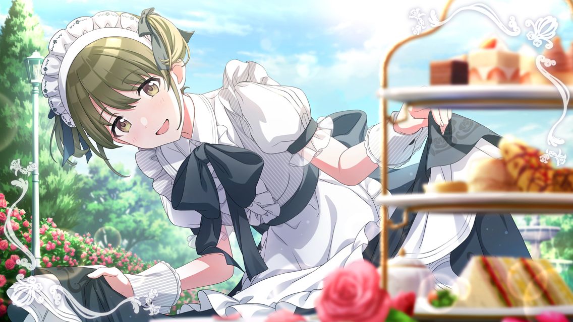 1girl alternate_costume apron blurry blurry_foreground blush depth_of_field enmaided food green_eyes green_hair idolmaster idolmaster_shiny_colors lens_flare looking_at_viewer maid maid_headdress nanakusa_nichika neck_ribbon official_art outdoors puffy_short_sleeves puffy_sleeves ribbon sandwich short_sleeves short_twintails skirt_hold smile solo tiered_tray twintails white_apron wrist_cuffs