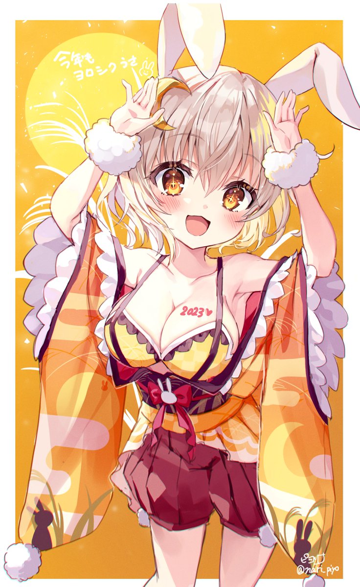 +_+ 1girl 2023 :3 :d animal_ears animal_print armpits blush breasts bunny_pose bunny_print cleavage commentary_request crescent crescent_hair_ornament flower_knight_girl fur_bracelet hair_between_eyes hair_ornament large_breasts light_brown_hair long_sleeves looking_at_viewer orange_background orange_eyes piyoyanagi rabbit_ears short_hair smile solo twitter_username usagi_no_ou_(flower_knight_girl)