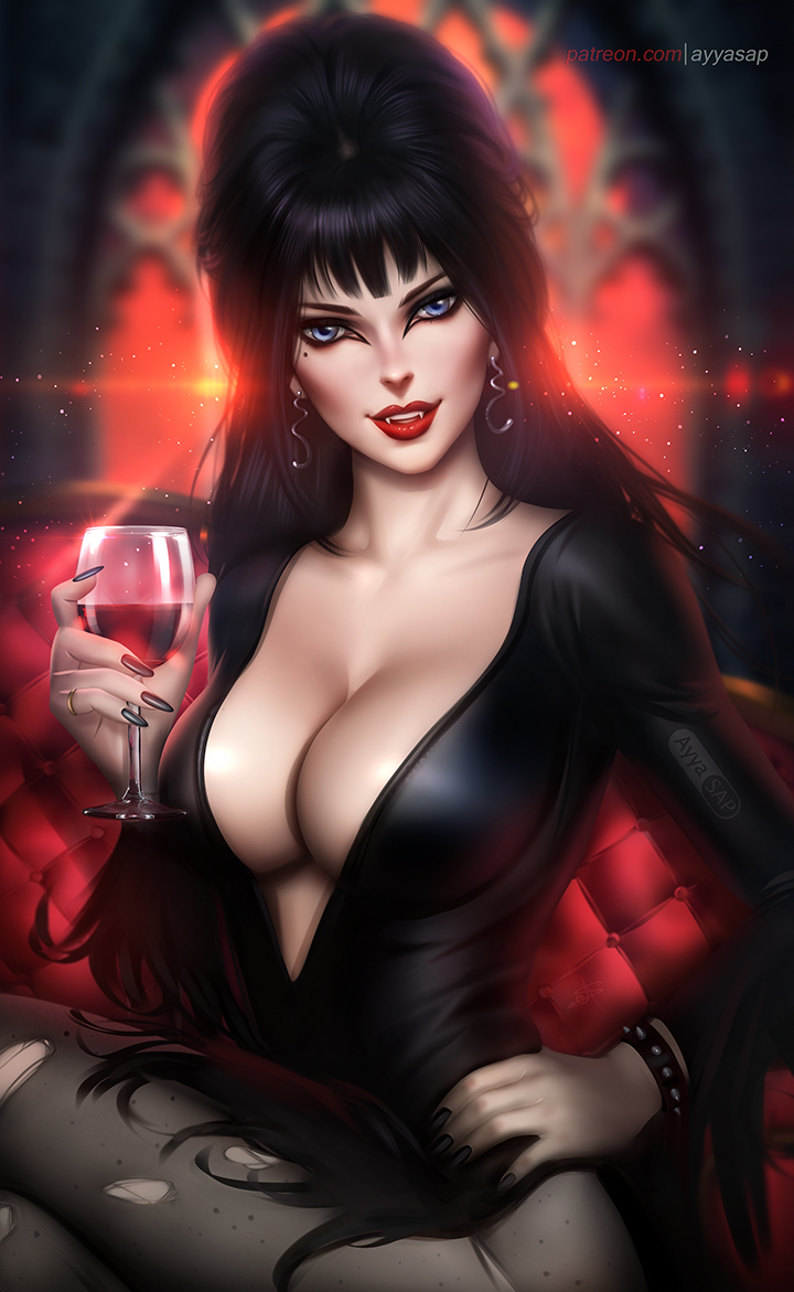 1girl ayya_sap black_hair black_pantyhose black_shirt blue_eyes blurry bracelet breasts cleavage couch crossed_legs cup depth_of_field drinking_glass earrings elvira elvira:_mistress_of_the_dark fangs hand_on_hip holding holding_cup indoors jewelry long_hair looking_at_viewer pantyhose pinup_(style) shirt sitting solo spiked_bracelet spikes torn_clothes torn_pantyhose vampire window wine_glass