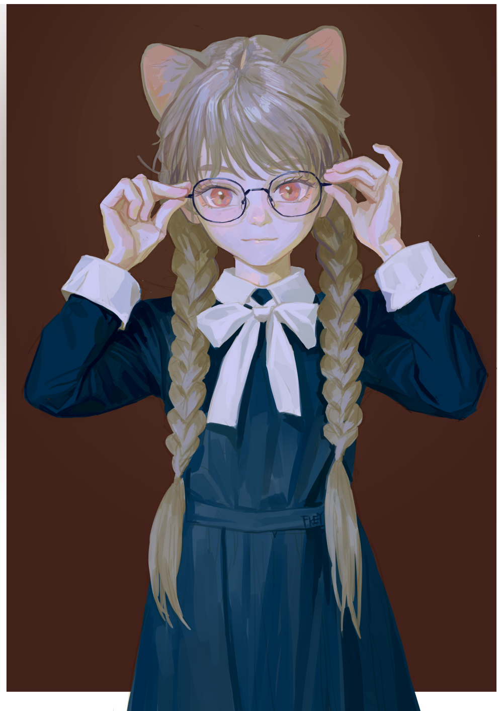 1girl adjusting_eyewear animal_ear_fluff animal_ears blue_dress border bow bowtie braid brown_background cat_ears cat_girl collared_dress cowboy_shot dress extra_ears feiqizi_(fkey) fkey glasses grey_hair hands_up highres long_hair looking_at_viewer original red_eyes smile solo straight-on twin_braids white_border white_bow white_bowtie