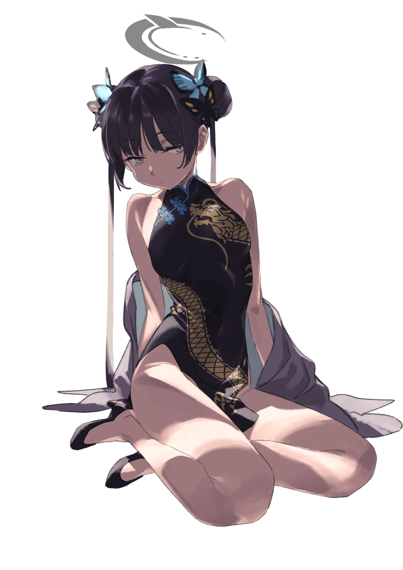 1girl bare_legs bare_shoulders black_footwear black_hair blue_archive butterfly_hair_ornament china_dress chinese_clothes closed_mouth commentary_request double_bun dragon_print dress hair_bun hair_ornament halo kisaki_(blue_archive) long_hair looking_at_viewer ningen_(ningen96) print_dress shoes simple_background sitting sleeveless sleeveless_dress solo thighs white_background